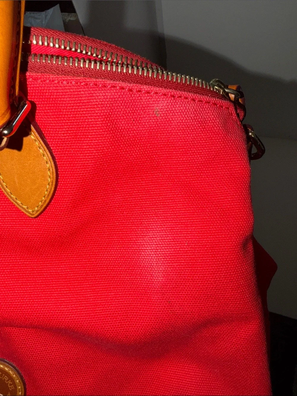 Dooney & Bourke Bright Red Canvas Tote with Tan Leather Accents